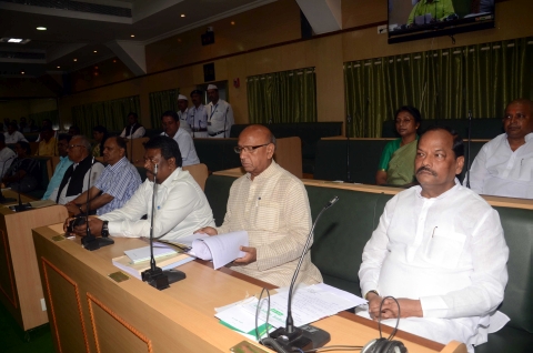 *Pictures by Ratan Lal 1Shows Jharkhand Chief Minister Raghubar Das (R) saryu Rai and other Ministers and legislators during first day of Monsoon session at Jharkhand Assembly on Friday